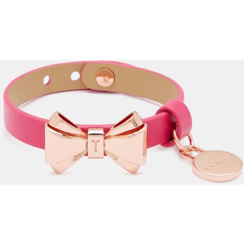 Ted Baker Womens Leather Adjustable Logo Charm Ribbon Bow Bangle Bracelet Pink